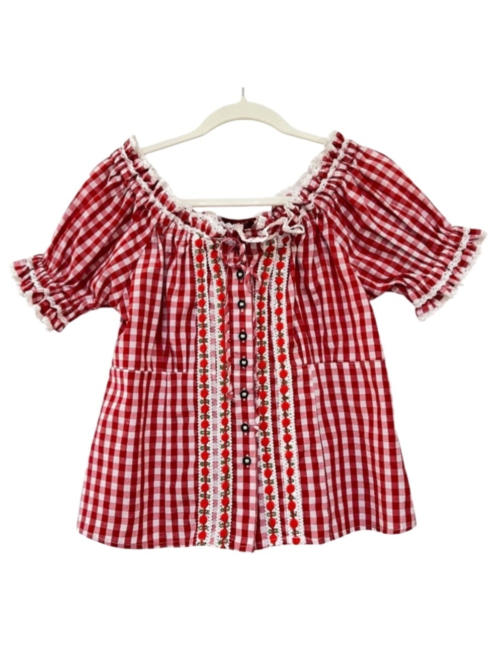 Red Gingham Off-Shoulder Peasant Blouse with Embroidered Front